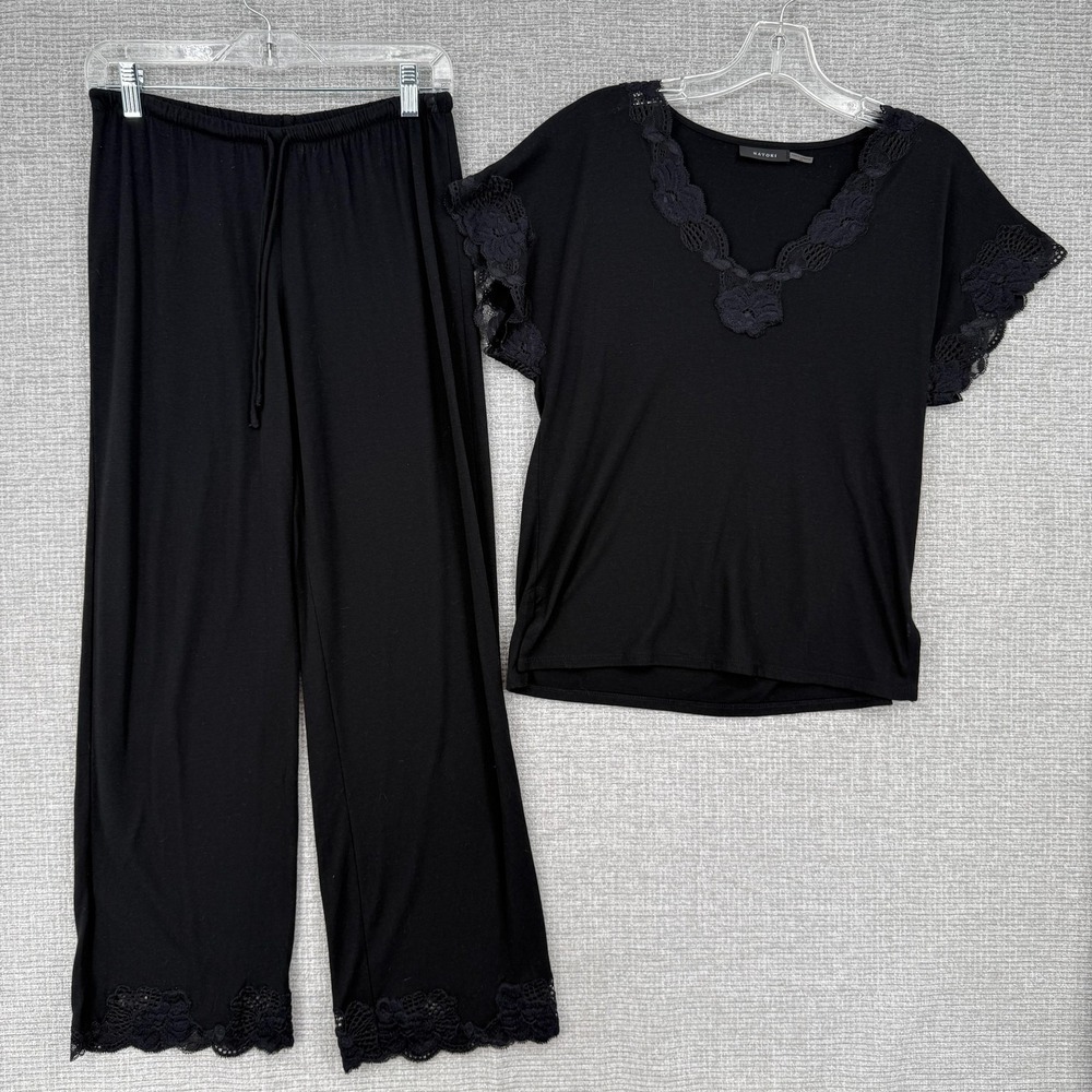 Natori Pajama Set Womens XS Black Capri Lace Modal Jersey V-Neck Lightweight